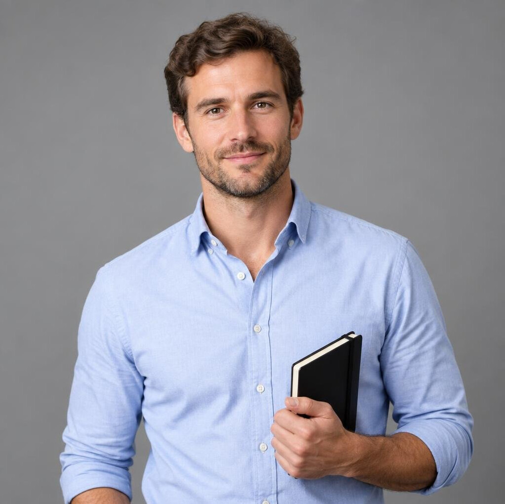 Swiss European man investigative reporter in his 30s holding a notebook