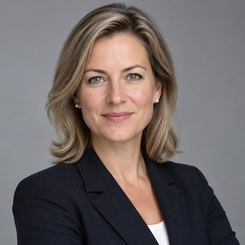 Swiss European woman journalist in her 40s in professional blazer
