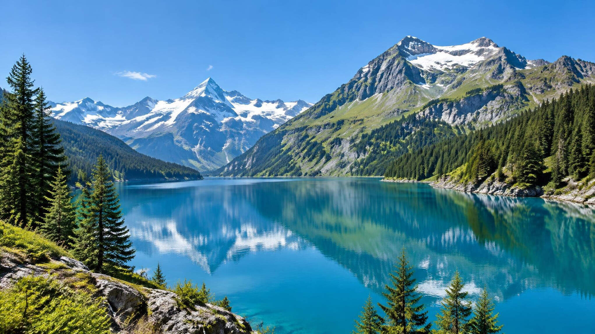 Pristine alpine lake surrounded by Swiss mountains and forest