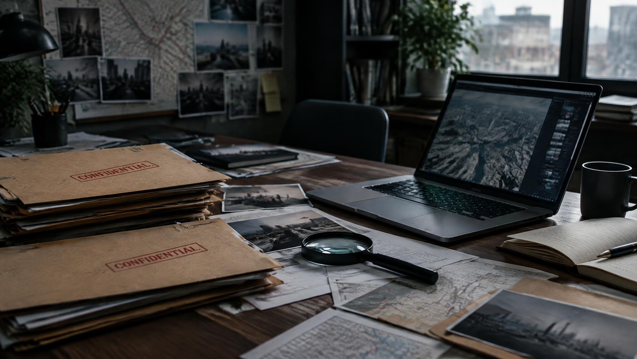 Investigative journalist desk with documents and magnifying glass